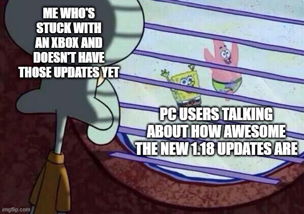 *sigh* I need the updates. | ME WHO'S STUCK WITH AN XBOX AND DOESN'T HAVE THOSE UPDATES YET; PC USERS TALKING ABOUT HOW AWESOME THE NEW 1.18 UPDATES ARE | image tagged in squidward window,minecraft,spongebob,update,memes,why are you reading this | made w/ Imgflip meme maker