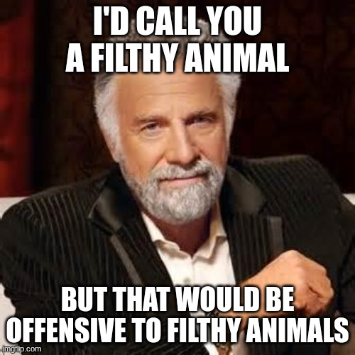 Filthy animal | I'D CALL YOU A FILTHY ANIMAL; BUT THAT WOULD BE OFFENSIVE TO FILTHY ANIMALS | image tagged in dos equis guy awesome,home alone | made w/ Imgflip meme maker