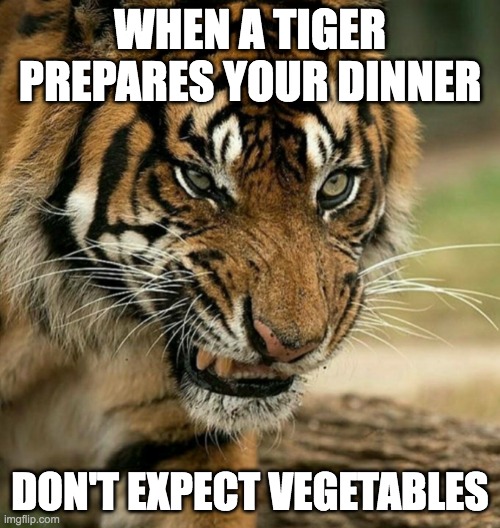Take what you are given |  WHEN A TIGER PREPARES YOUR DINNER; DON'T EXPECT VEGETABLES | image tagged in dinner,choice,carnivore | made w/ Imgflip meme maker
