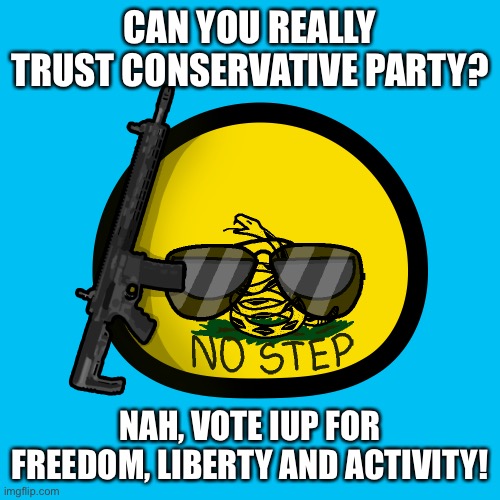 Libertarianism ball | CAN YOU REALLY TRUST CONSERVATIVE PARTY? NAH, VOTE IUP FOR FREEDOM, LIBERTY AND ACTIVITY! | image tagged in libertarianism ball | made w/ Imgflip meme maker