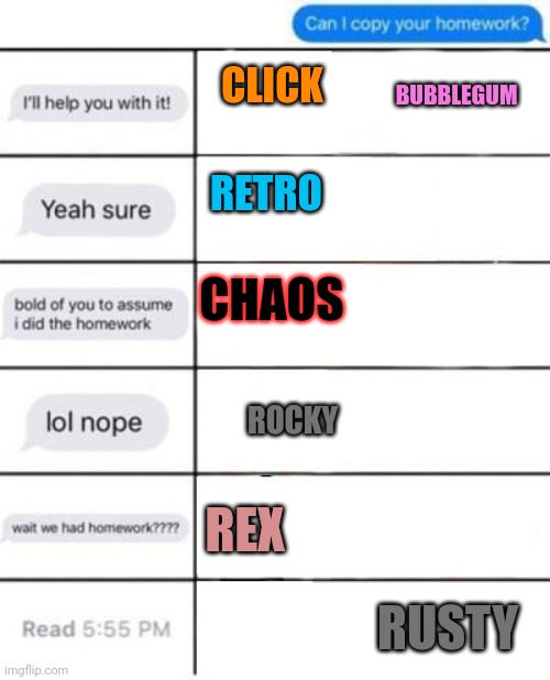 When the | BUBBLEGUM; CLICK; RETRO; CHAOS; ROCKY; REX; RUSTY | image tagged in homework alignment chart | made w/ Imgflip meme maker