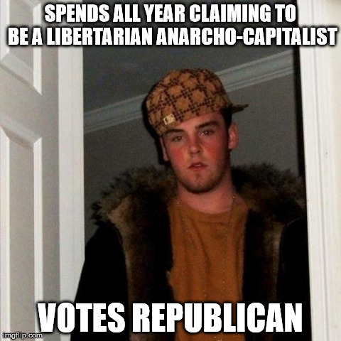 Dude, I want my vote to count. | SPENDS ALL YEAR CLAIMING TO BE A LIBERTARIAN ANARCHO-CAPITALIST VOTES REPUBLICAN | image tagged in memes,scumbag steve | made w/ Imgflip meme maker
