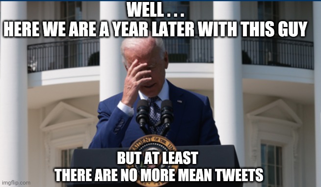 Failure | WELL . . .
HERE WE ARE A YEAR LATER WITH THIS GUY; BUT AT LEAST
 THERE ARE NO MORE MEAN TWEETS | image tagged in biden,liberals,democrats,2020,congress,economy | made w/ Imgflip meme maker