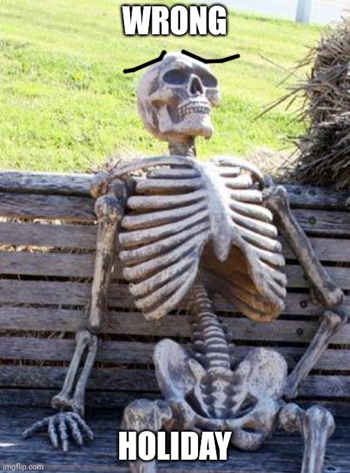 What | WRONG; HOLIDAY | image tagged in memes,waiting skeleton | made w/ Imgflip meme maker