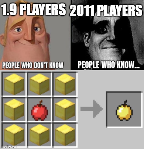 enchanted gold apples in 1.8 | 2011 PLAYERS; 1.9 PLAYERS | image tagged in people who know | made w/ Imgflip meme maker