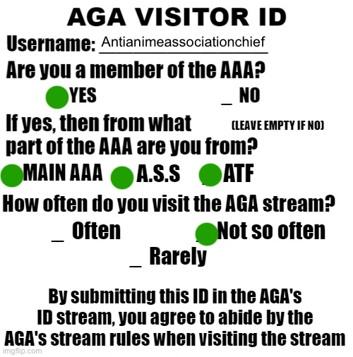 AGA visitor ID | Antianimeassociationchief | image tagged in aga visitor id | made w/ Imgflip meme maker