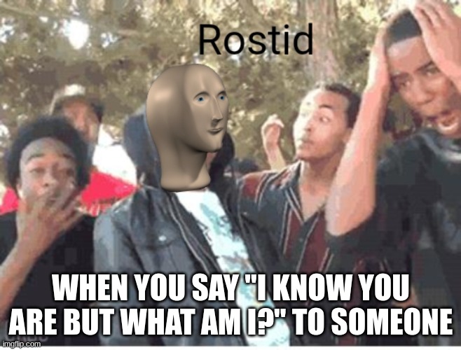 rostid | WHEN YOU SAY "I KNOW YOU ARE BUT WHAT AM I?" TO SOMEONE | image tagged in meme man rostid | made w/ Imgflip meme maker