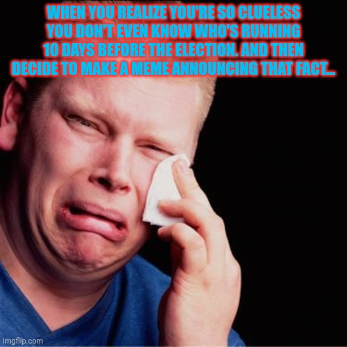 Crying boy | WHEN YOU REALIZE YOU'RE SO CLUELESS YOU DON'T EVEN KNOW WHO'S RUNNING 10 DAYS BEFORE THE ELECTION. AND THEN DECIDE TO MAKE A MEME ANNOUNCING | image tagged in crying boy | made w/ Imgflip meme maker