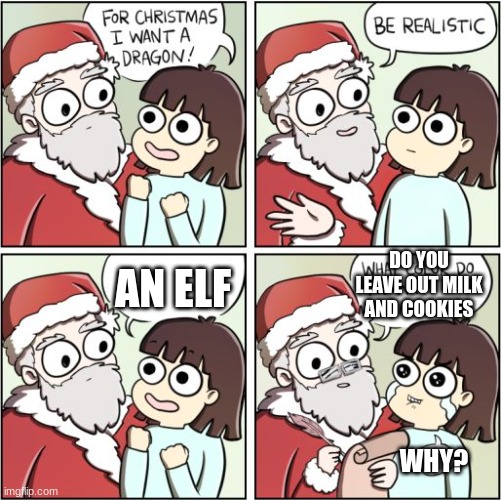 AN ELF WHY? DO YOU LEAVE OUT MILK AND COOKIES | image tagged in for christmas i want a dragon | made w/ Imgflip meme maker