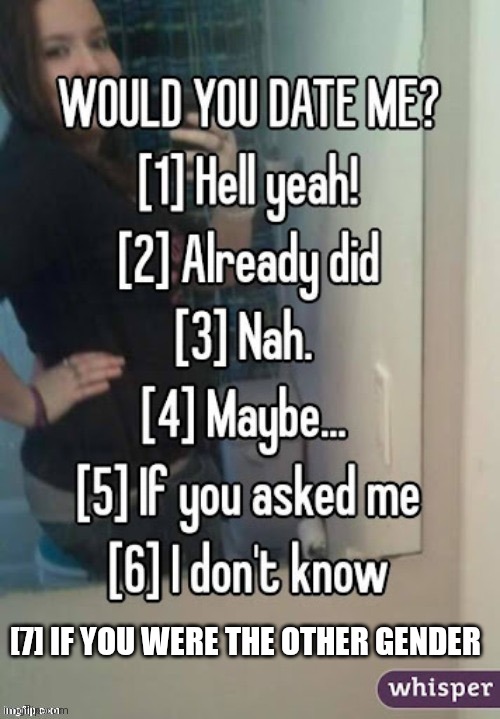 would you date me | [7] IF YOU WERE THE OTHER GENDER | image tagged in would you date me | made w/ Imgflip meme maker