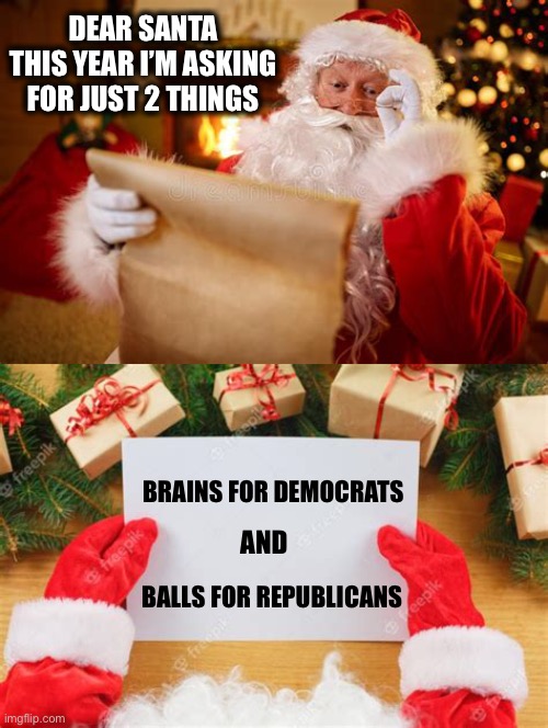 Mitch, Lindsay, etc are on my List | DEAR SANTA
THIS YEAR I’M ASKING FOR JUST 2 THINGS; BRAINS FOR DEMOCRATS; AND; BALLS FOR REPUBLICANS | image tagged in santa | made w/ Imgflip meme maker
