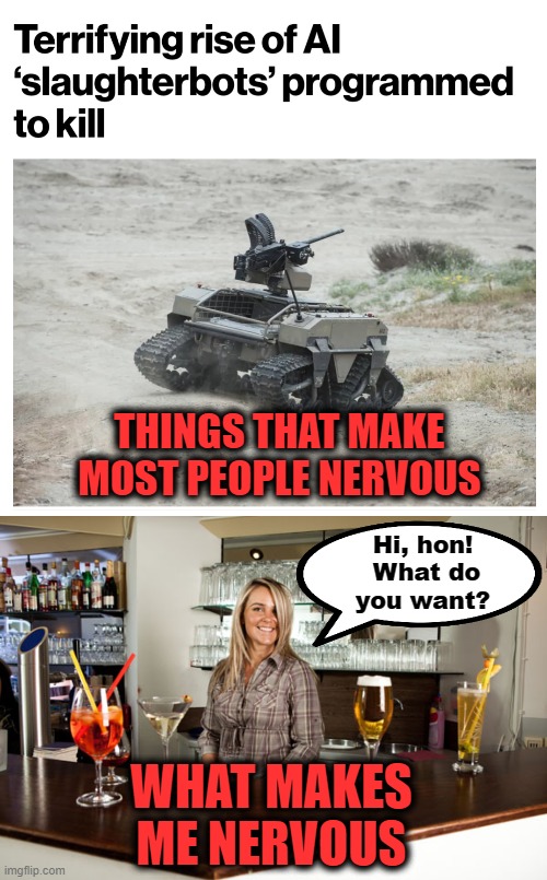 THINGS THAT MAKE MOST PEOPLE NERVOUS; Hi, hon!  What do you want? WHAT MAKES ME NERVOUS | image tagged in memes,beautiful woman,bartender,killer robots,nervous | made w/ Imgflip meme maker