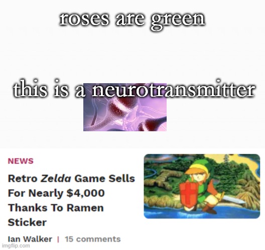 roses are green; this is a neurotransmitter | image tagged in white box,zelda,kotaku | made w/ Imgflip meme maker