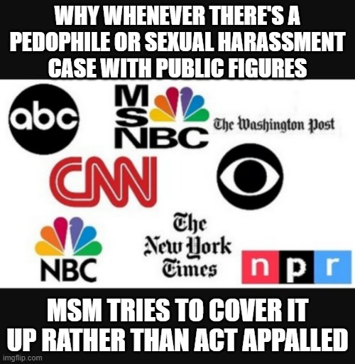 Media lies | WHY WHENEVER THERE'S A PEDOPHILE OR SEXUAL HARASSMENT CASE WITH PUBLIC FIGURES; MSM TRIES TO COVER IT UP RATHER THAN ACT APPALLED | image tagged in media lies | made w/ Imgflip meme maker