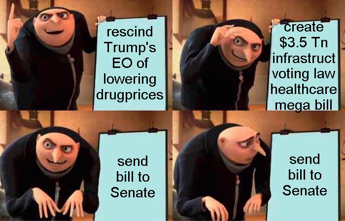 Dem sneaky! | create
$3.5 Tn
infrastruct
voting law
healthcare
mega bill; rescind
Trump's
EO of
lowering
drugprices; send
bill to
Senate; send
bill to
Senate | image tagged in memes,gru's plan,democrats | made w/ Imgflip meme maker