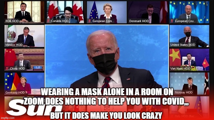 Wearing A Mask Alone In A Room On Zoom Does Nothing To Help You With Covid | WEARING A MASK ALONE IN A ROOM ON ZOOM DOES NOTHING TO HELP YOU WITH COVID,,, BUT IT DOES MAKE YOU LOOK CRAZY | image tagged in mask,masks,joe biden,covid | made w/ Imgflip meme maker