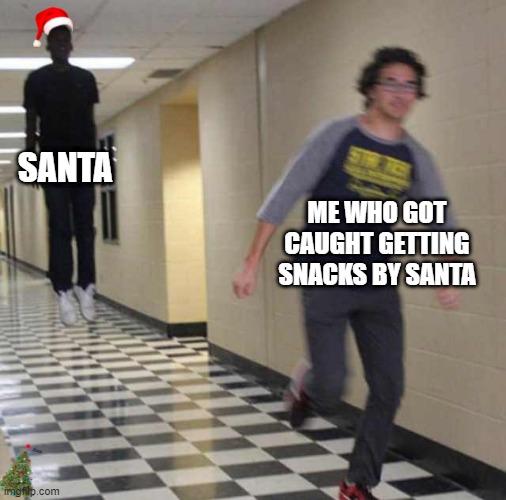 christmas meme | SANTA; ME WHO GOT CAUGHT GETTING SNACKS BY SANTA | image tagged in floating boy chasing running boy | made w/ Imgflip meme maker