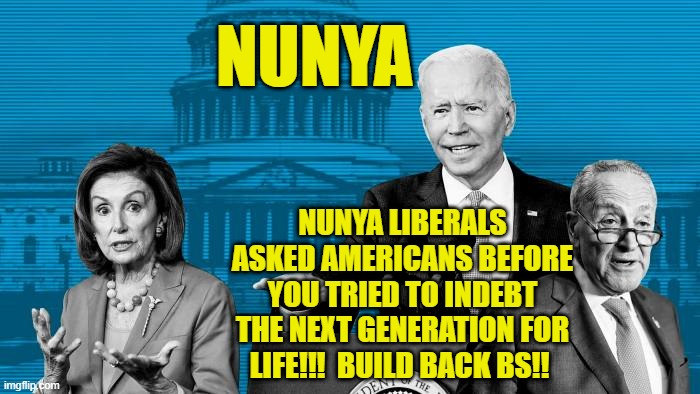 Nunya liberals asked Americans before you tried to indebt the next generation for life!!!  Build Back BS!! | NUNYA; NUNYA LIBERALS ASKED AMERICANS BEFORE YOU TRIED TO INDEBT THE NEXT GENERATION FOR LIFE!!!  BUILD BACK BS!! | image tagged in nunya,political meme,liberal lunacy,socialist democrats,communists,biden pelosi schumer | made w/ Imgflip meme maker
