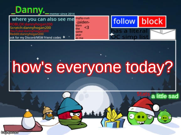 i felt a bit alone after the incident in Discord.. | how's everyone today? a little sad | image tagged in _danny _ christmas announcement template | made w/ Imgflip meme maker