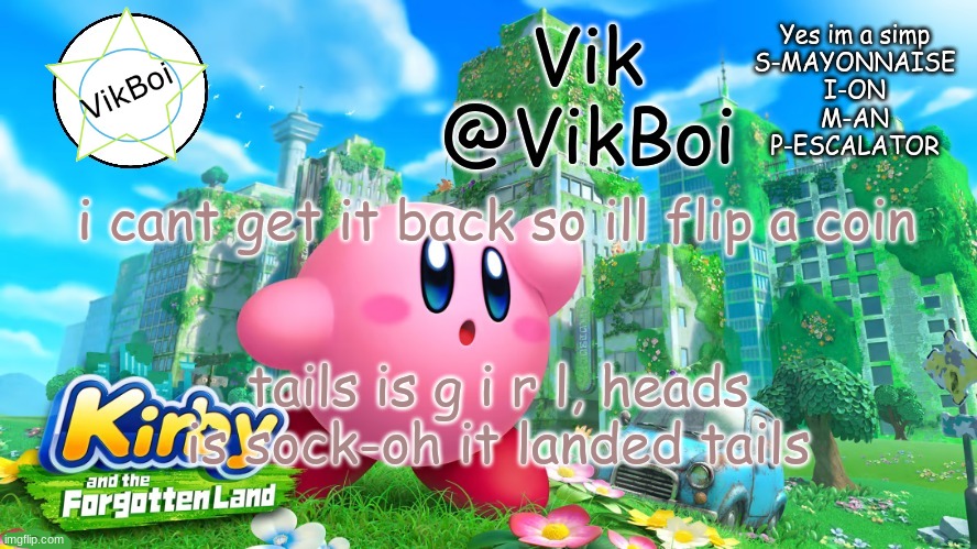 well i guess g i r l wins | i cant get it back so ill flip a coin; tails is g i r l, heads is sock-oh it landed tails | image tagged in vik kirby announcement | made w/ Imgflip meme maker