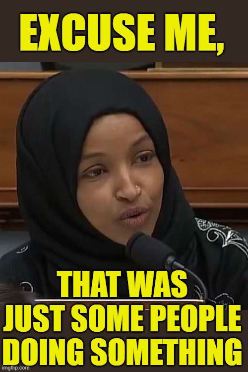 Ilhan Omar | EXCUSE ME, THAT WAS JUST SOME PEOPLE DOING SOMETHING | image tagged in ilhan omar | made w/ Imgflip meme maker