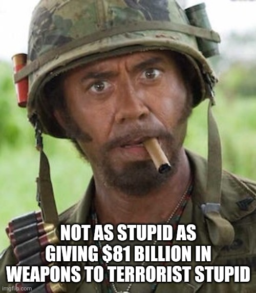 Never go full | NOT AS STUPID AS GIVING $81 BILLION IN WEAPONS TO TERRORIST STUPID | image tagged in never go full | made w/ Imgflip meme maker