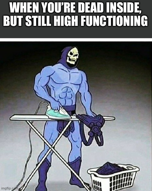 Dead inside | WHEN YOU’RE DEAD INSIDE, BUT STILL HIGH FUNCTIONING | image tagged in skeletor disturbing facts,skeletor,dead inside,functioning,high functioning | made w/ Imgflip meme maker
