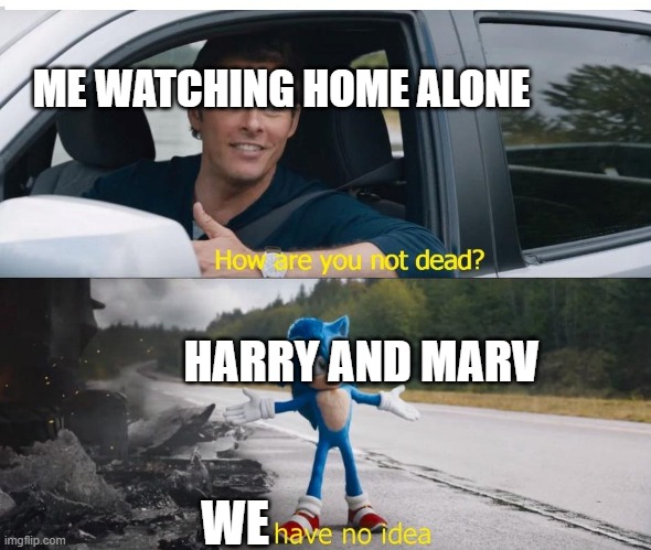 Seriously, are those guys immortal? | ME WATCHING HOME ALONE; HARRY AND MARV; WE | image tagged in sonic how are you not dead,home alone,christmas | made w/ Imgflip meme maker