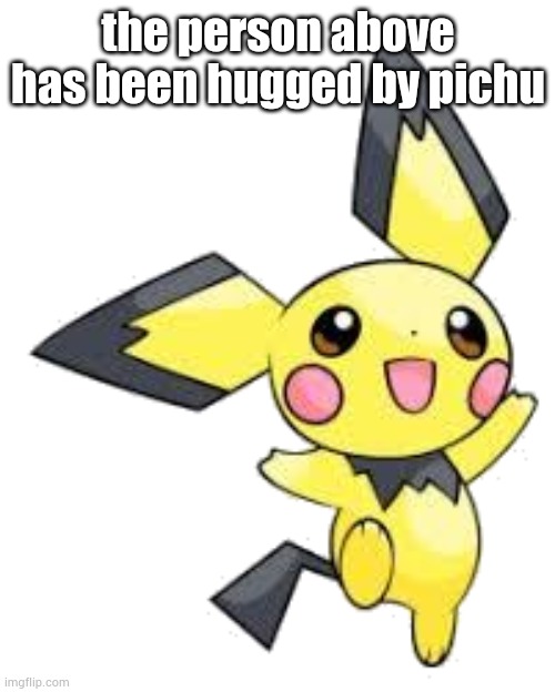 Pichu | the person above has been hugged by pichu | image tagged in pichu | made w/ Imgflip meme maker