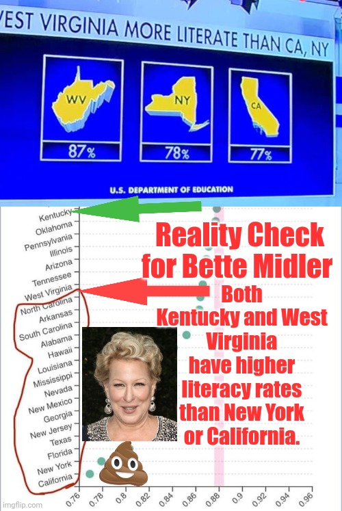 Reality Check for Bette Midler |  Both Kentucky and West Virginia have higher literacy rates than New York or California. Reality Check for Bette Midler | image tagged in new york,california | made w/ Imgflip meme maker