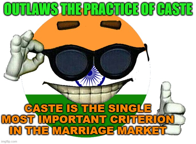 Outlaws the practice of caste; Caste is the single most important criterion in the marriage market | OUTLAWS THE PRACTICE OF CASTE; CASTE IS THE SINGLE MOST IMPORTANT CRITERION IN THE MARRIAGE MARKET | image tagged in india memeball | made w/ Imgflip meme maker