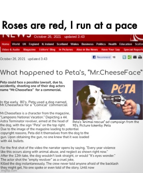 Oh no | Roses are red, I run at a pace | image tagged in peta,gun,dog,news | made w/ Imgflip meme maker