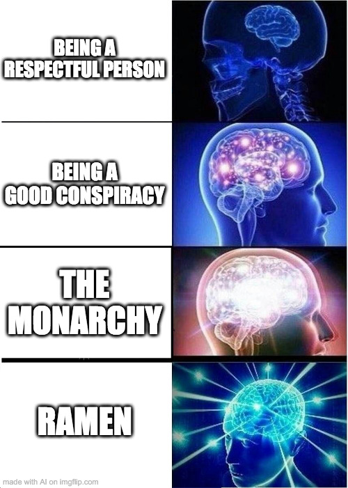 AI TELL ME THE RELATIONSHIP | BEING A RESPECTFUL PERSON; BEING A GOOD CONSPIRACY; THE MONARCHY; RAMEN | image tagged in memes,expanding brain | made w/ Imgflip meme maker