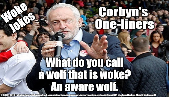Corbyn - Woke Jokes | Woke 
Jokes; What do you call a wolf that is woke?
An aware wolf. | image tagged in labourisdead,starmerout,getstarmerout,cultofcorbyn,wokejoke | made w/ Imgflip meme maker