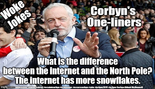 Corbyn's Woke jokes | Woke Jokes; What is the difference between the internet and the North Pole?

The internet has more snowflakes. | image tagged in labourisdead,starmerout,getstarmerout,starmer failed leadership,wokejoke | made w/ Imgflip meme maker