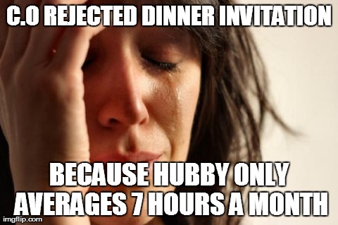 First World Problems Meme | C.O REJECTED DINNER INVITATION BECAUSE HUBBY ONLY AVERAGES 7 HOURS A MONTH | image tagged in memes,first world problems | made w/ Imgflip meme maker