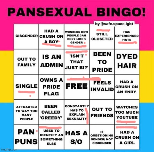 If only I had a s/o then I would have a bingo .-. | image tagged in pansexual bingo | made w/ Imgflip meme maker
