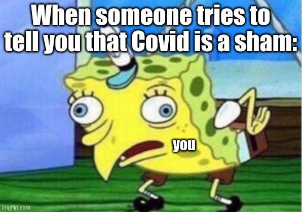 Covid-19 | When someone tries to tell you that Covid is a sham:; you | image tagged in memes,mocking spongebob | made w/ Imgflip meme maker