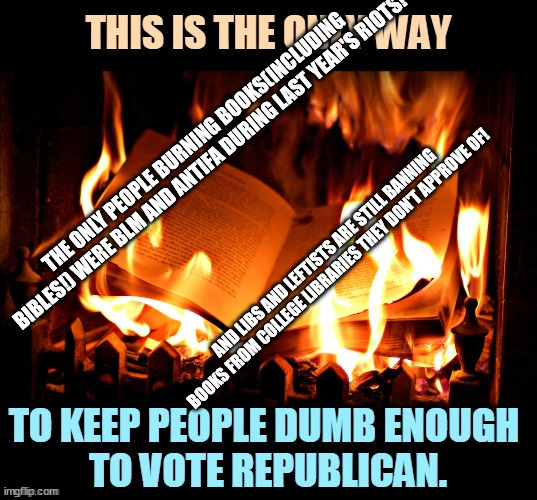 Yet another meme with comments disabled that requires this kind of reply! | THE ONLY PEOPLE BURNING BOOKS(INCLUDING BIBLES!) WERE BLM AND ANTIFA DURING LAST YEAR'S RIOTS! AND LIBS AND LEFTISTS ARE STILL BANNING BOOKS FROM COLLEGE LIBRARIES THEY DON'T APPROVE OF! | image tagged in liberal logic,burning books,dishonest,scumbag,political meme | made w/ Imgflip meme maker