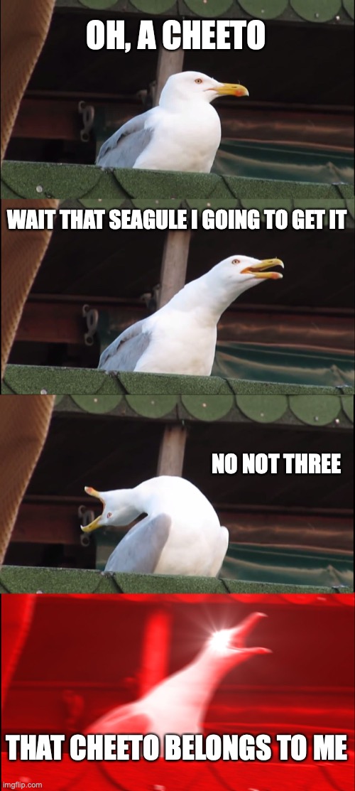 cheetos | OH, A CHEETO; WAIT THAT SEAGULE I GOING TO GET IT; NO NOT THREE; THAT CHEETO BELONGS TO ME | image tagged in memes,inhaling seagull | made w/ Imgflip meme maker