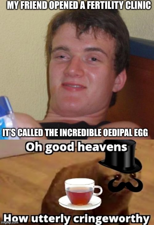 MY FRIEND OPENED A FERTILITY CLINIC; IT’S CALLED THE INCREDIBLE OEDIPAL EGG | image tagged in memes,10 guy,oh good heavens how utterly cringeworthy | made w/ Imgflip meme maker