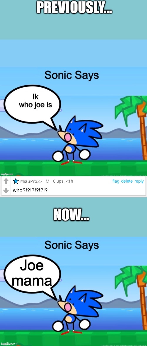 Sonic Says Episode 4 | PREVIOUSLY…; NOW…; Joe mama | image tagged in sonic says | made w/ Imgflip meme maker