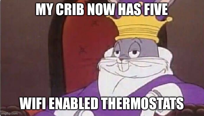 Bugs Bunny King | MY CRIB NOW HAS FIVE; WIFI ENABLED THERMOSTATS | image tagged in bugs bunny king,i am now king,memes,funny,true story | made w/ Imgflip meme maker
