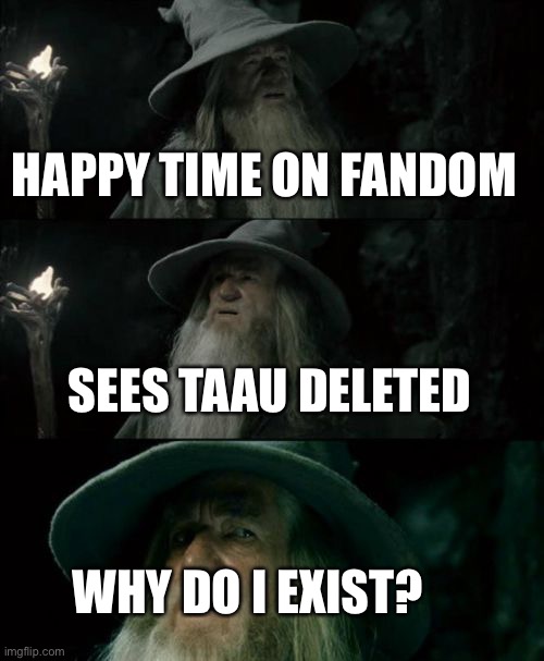 Why? | HAPPY TIME ON FANDOM; SEES TAAU DELETED; WHY DO I EXIST? | image tagged in memes,confused gandalf | made w/ Imgflip meme maker