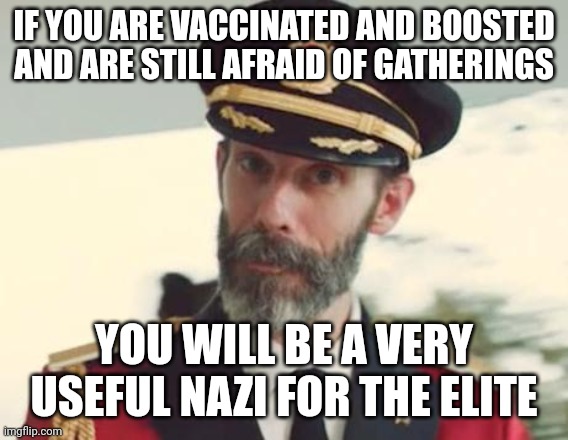 Sell outs for security | IF YOU ARE VACCINATED AND BOOSTED AND ARE STILL AFRAID OF GATHERINGS; YOU WILL BE A VERY USEFUL NAZI FOR THE ELITE | image tagged in captain obvious,covid-19,coronavirus,vaccines,covid vaccine,nazi | made w/ Imgflip meme maker