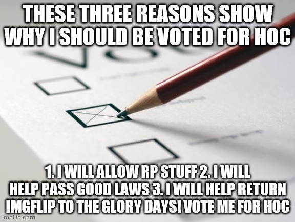 Voting Ballot | THESE THREE REASONS SHOW WHY I SHOULD BE VOTED FOR HOC; 1. I WILL ALLOW RP STUFF 2. I WILL HELP PASS GOOD LAWS 3. I WILL HELP RETURN IMGFLIP TO THE GLORY DAYS! VOTE ME FOR HOC | image tagged in voting ballot | made w/ Imgflip meme maker