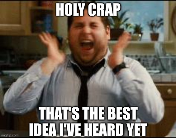 excited | HOLY CRAP THAT'S THE BEST IDEA I'VE HEARD YET | image tagged in excited | made w/ Imgflip meme maker