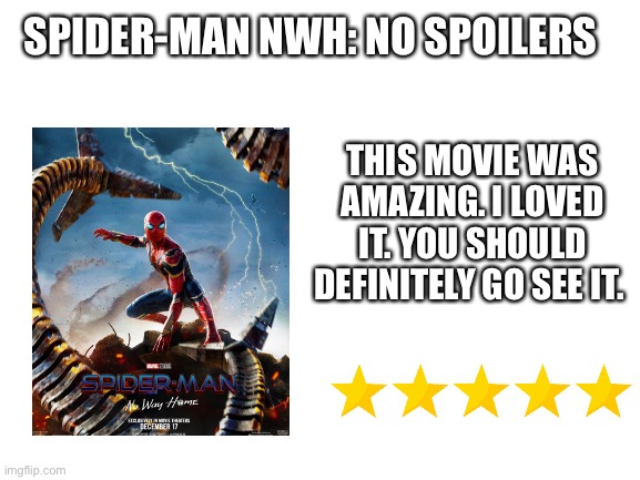 Don't worry, this doesn't have any spoilers.Spider-Man NWH review - No Spoilers | SPIDER-MAN NWH: NO SPOILERS; THIS MOVIE WAS AMAZING. I LOVED IT. YOU SHOULD DEFINITELY GO SEE IT. | image tagged in blank white template | made w/ Imgflip meme maker