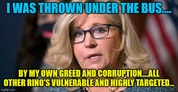 Liz Cheney | I WAS THROWN UNDER THE BUS.... BY MY OWN GREED AND CORRUPTION....ALL OTHER RINO'S VULNERABLE AND HIGHLY TARGETED... | image tagged in liz cheney | made w/ Imgflip meme maker