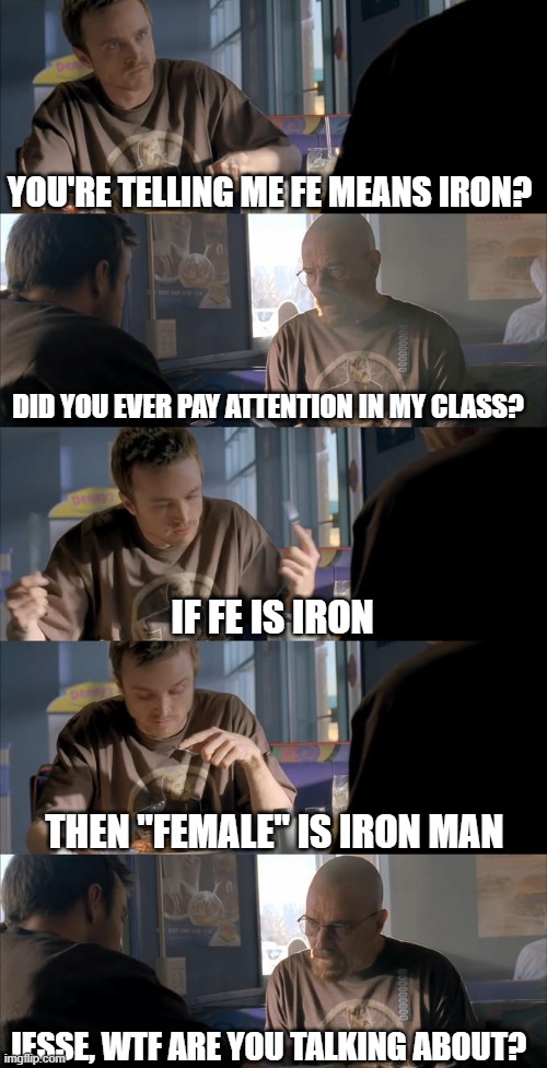 Jesse doesn't know the periodic table | YOU'RE TELLING ME FE MEANS IRON? DID YOU EVER PAY ATTENTION IN MY CLASS? IF FE IS IRON; THEN "FEMALE" IS IRON MAN; JESSE, WTF ARE YOU TALKING ABOUT? | image tagged in jesse wtf are you talking about | made w/ Imgflip meme maker